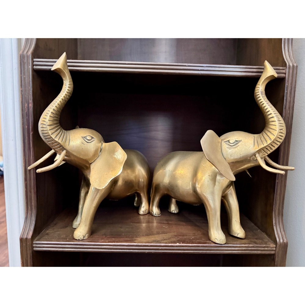 Vintage Pair Solid Brass Elephant Figurine Trunk Up Good Luck Statue Korea 12"